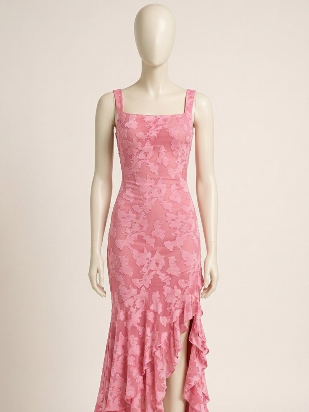 BORIFLORS Pink Floral Embroidered Ruched Mermaid Maxi Dress Square Neck S